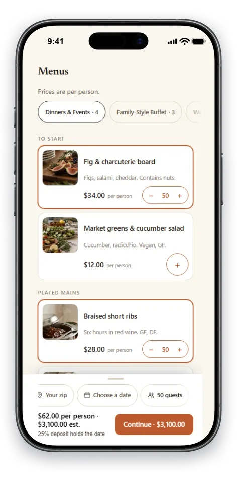 The booking page mid-composition: dishes picked, a guest count set, and a live estimate clearly labeled an estimate.