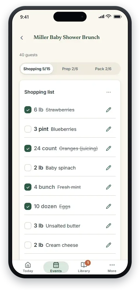 Event-day lists with Shopping, Prep and Pack tabs; 1 of the 4 shopping items already checked off.