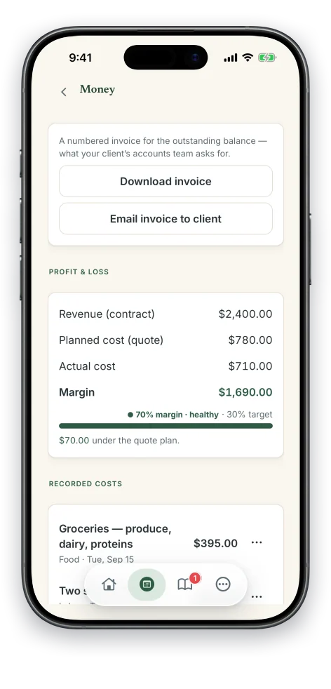 The CaterKit event P&L: revenue, planned versus actual cost, the real margin on a booked event, and the cost lines behind it.