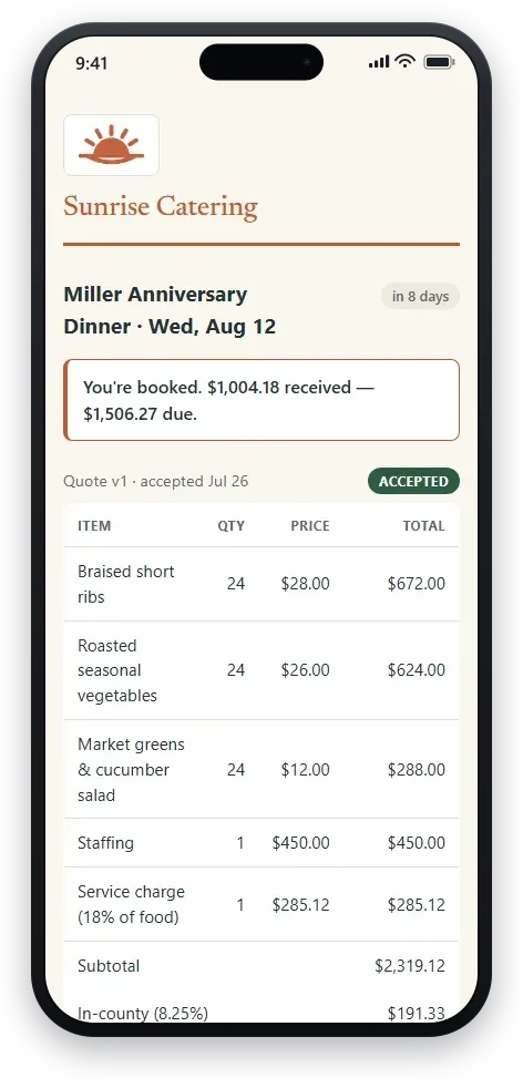 The CaterKit client portal as your client sees it on their phone: a booked event with the balance due, a signed-and-accepted badge, and the itemized quote.