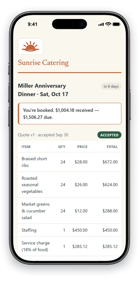 The CaterKit client portal as your client sees it on their phone: a booked event with the balance due, a signed-and-accepted badge, and the itemized quote.
