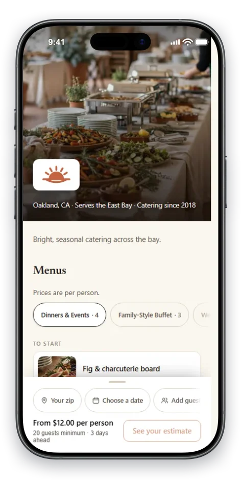 A CaterKit public booking page: the caterer's branding, published menu, and a request-a-quote form the client fills in.