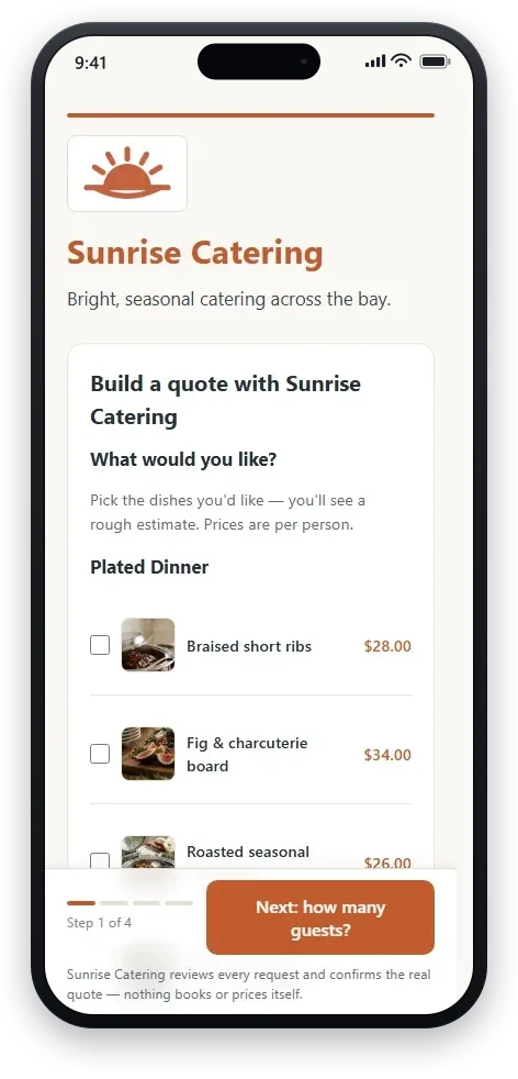 A CaterKit public booking page: the caterer's branding, published menu, and a request-a-quote form the client fills in.