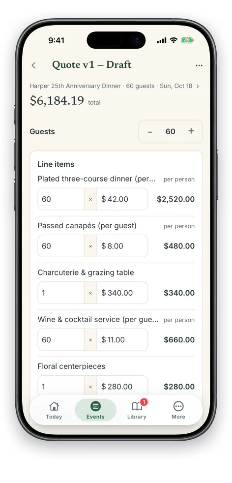 The quote builder: an itemized line item, a $177.75 total, and a live 63% margin bar against a 30% target.