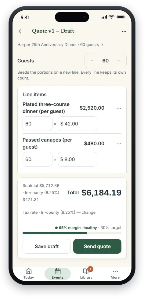 The quote builder: an itemized line item, a $177.75 total, and a live 63% margin bar against a 30% target.