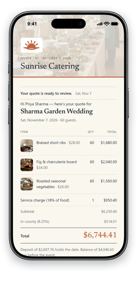 A branded CaterKit quote as the client reads it on their phone: the itemized total and the Accept button.