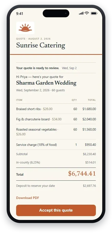 A branded CaterKit quote as the client reads it on their phone: the itemized total and the Accept button.