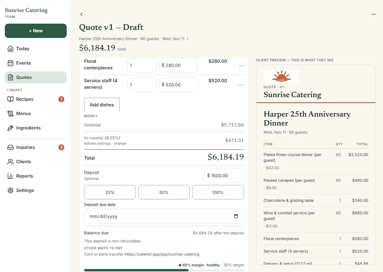 CaterKit open in a desktop browser — the full quote builder on the web.