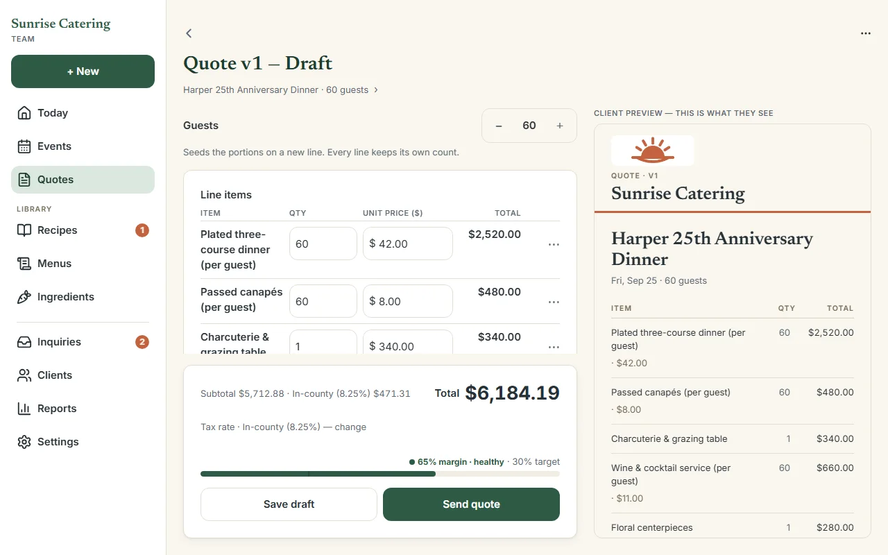 CaterKit open in a desktop browser — the full quote builder on the web.