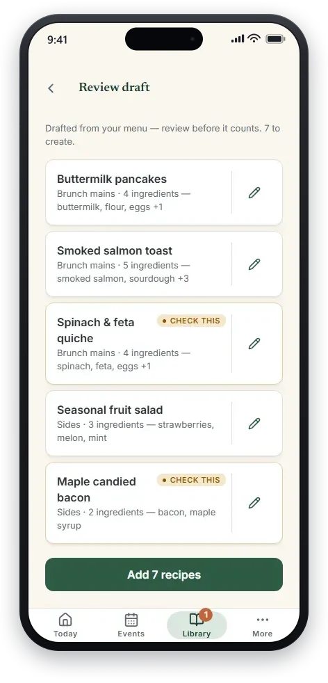 The review-draft screen: dishes drafted from a photographed menu, the uncertain ones flagged “Check this”, with a “review before it counts” note.