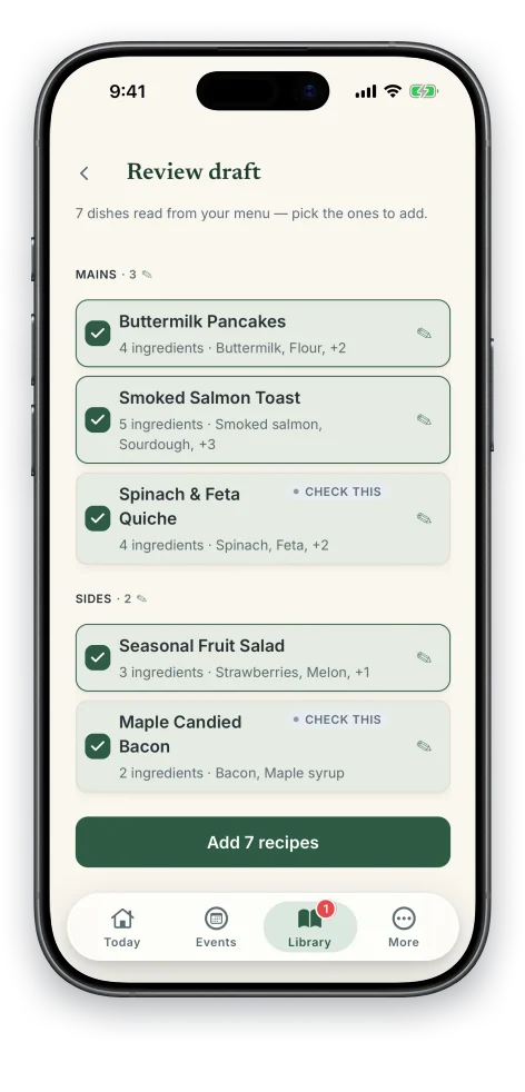 The review-draft screen: dishes drafted from a photographed menu, the uncertain ones flagged “Check this”, with a “review before it counts” note.