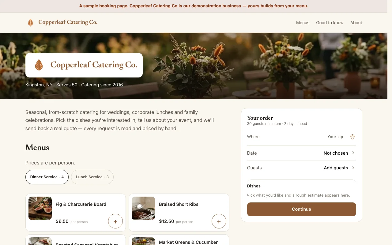 The same booking page in a desktop browser: the caterer's header lockup and accent, their intro and business facts, and their published menu laid out across the width of the window.