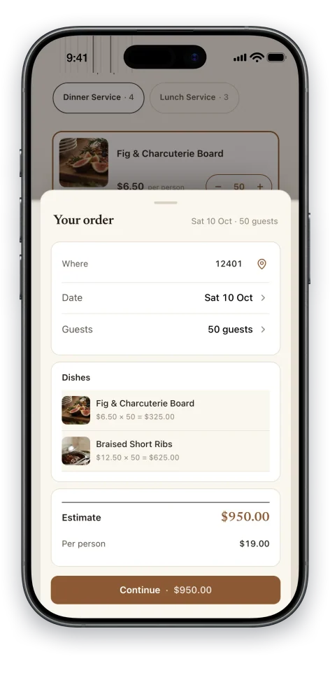 The same booking page with the client's order open: their zip, their date, their headcount, two dishes with the math shown on each line, and the total clearly labeled an estimate, with the caterer's notice and guest minimum stated beside it.