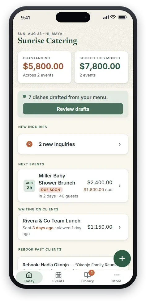The Today dashboard: outstanding balance, booked this month, and upcoming events.