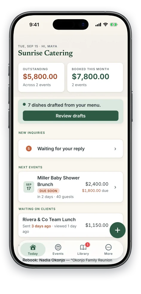 The Today dashboard: outstanding balance, booked this month, and upcoming events.