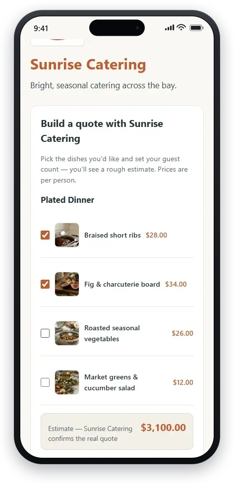 The same booking page mid-composition: two dishes ticked and a running total, clearly labeled an estimate that the caterer confirms.