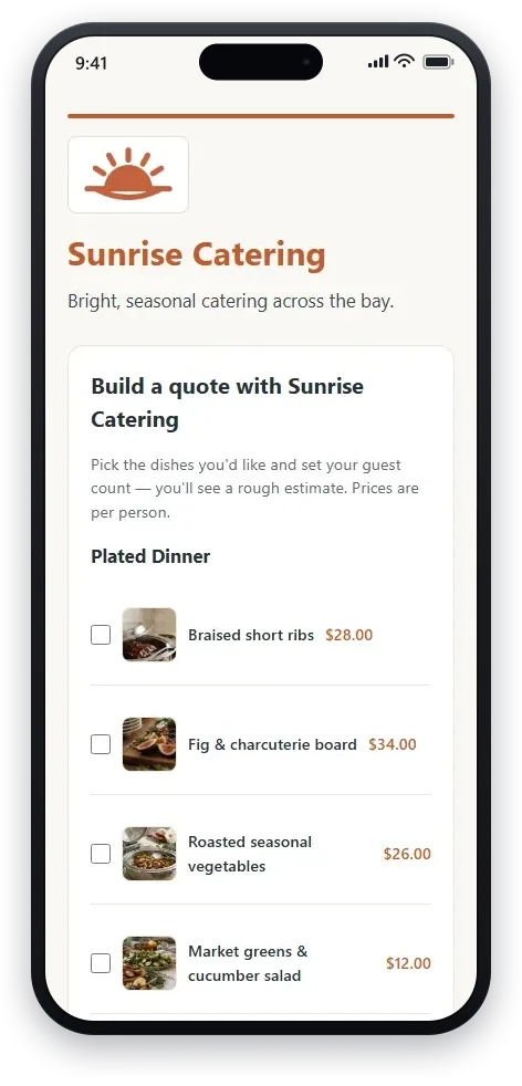 A CaterKit booking page: the caterer's branding, published menu with per-person prices, and a request form the client fills in.