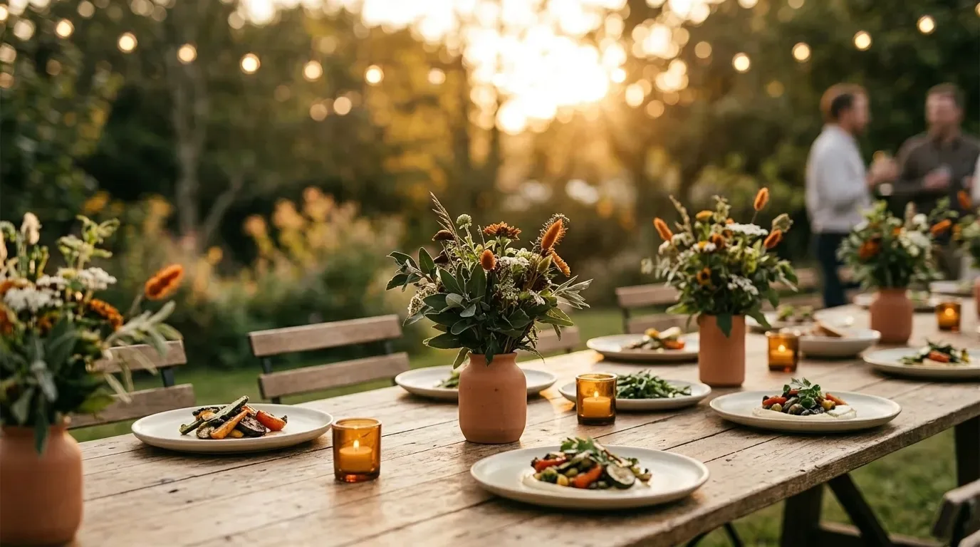 A styled catering table at golden hour — plated dishes, wildflower centerpieces, and string lights, ready for guests.