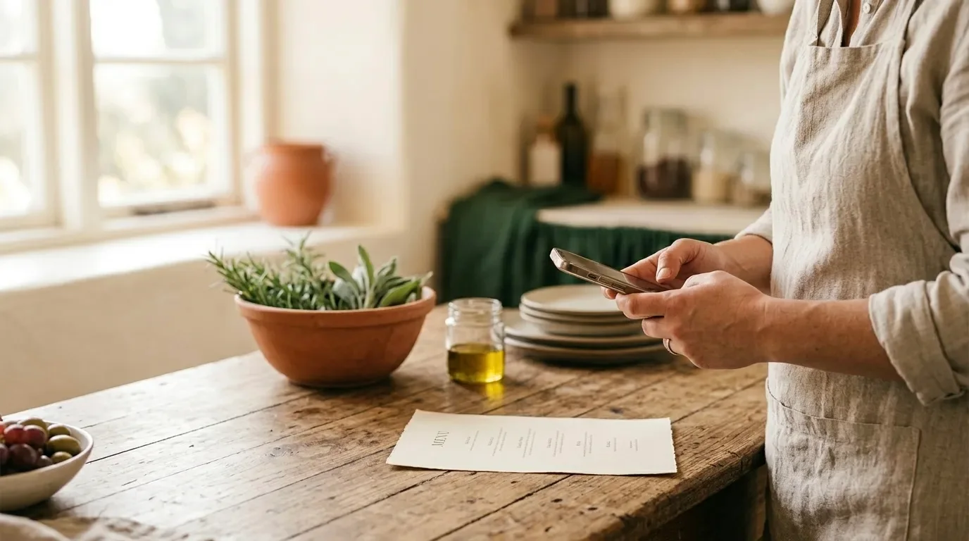 A caterer photographing a printed menu on a sunlit kitchen table — fresh herbs, olive oil, and stacked plates nearby.