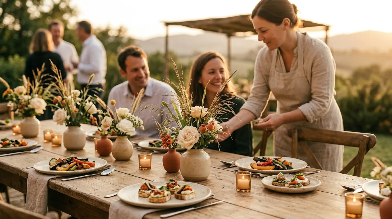 A caterer serving small plates to smiling guests at a golden-hour outdoor table.