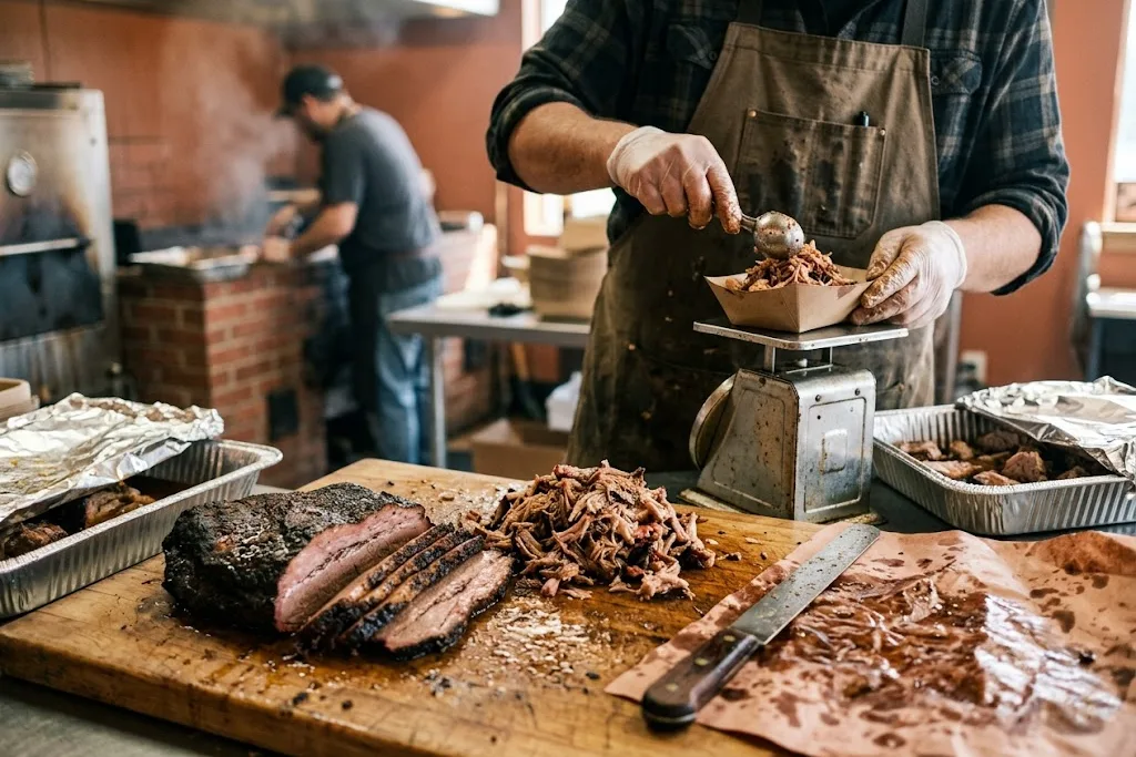 A cutting board of sliced smoked brisket and pulled pork with a slicing knife, butcher paper and foil pans of portioned meat beside a small scale.