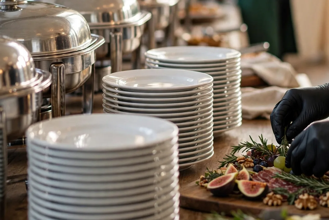 Gloved hands arrange figs, cured meats, and walnuts on a charcuterie board beside stacked plates and chafing dishes.