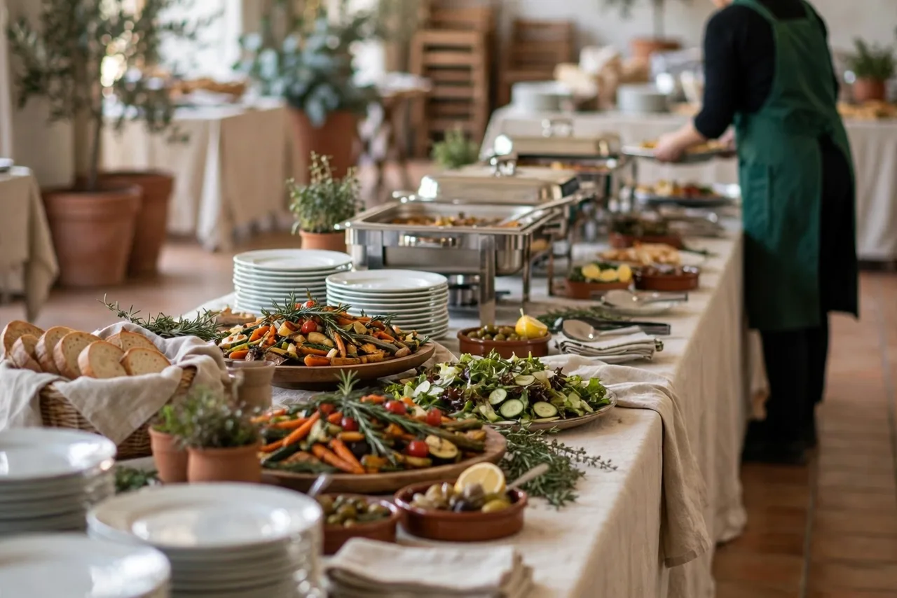 A caterer in a green apron tends a long buffet table lined with roasted vegetables, salads, bread and chafing dishes.