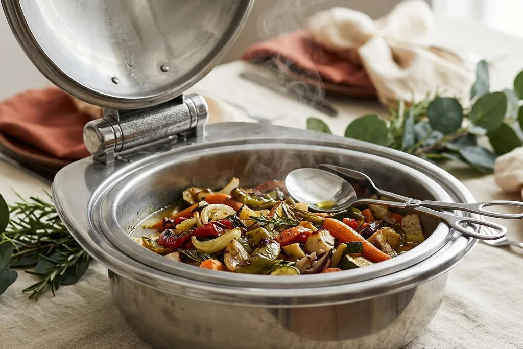 An open stainless chafing dish of steaming roasted vegetables with serving tongs on a linen-draped table.