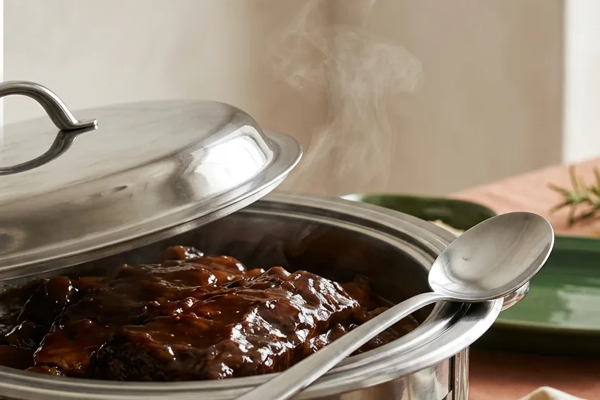 Steam rises from glazed barbecue ribs in a stainless chafing dish with a serving spoon resting on the rim.
