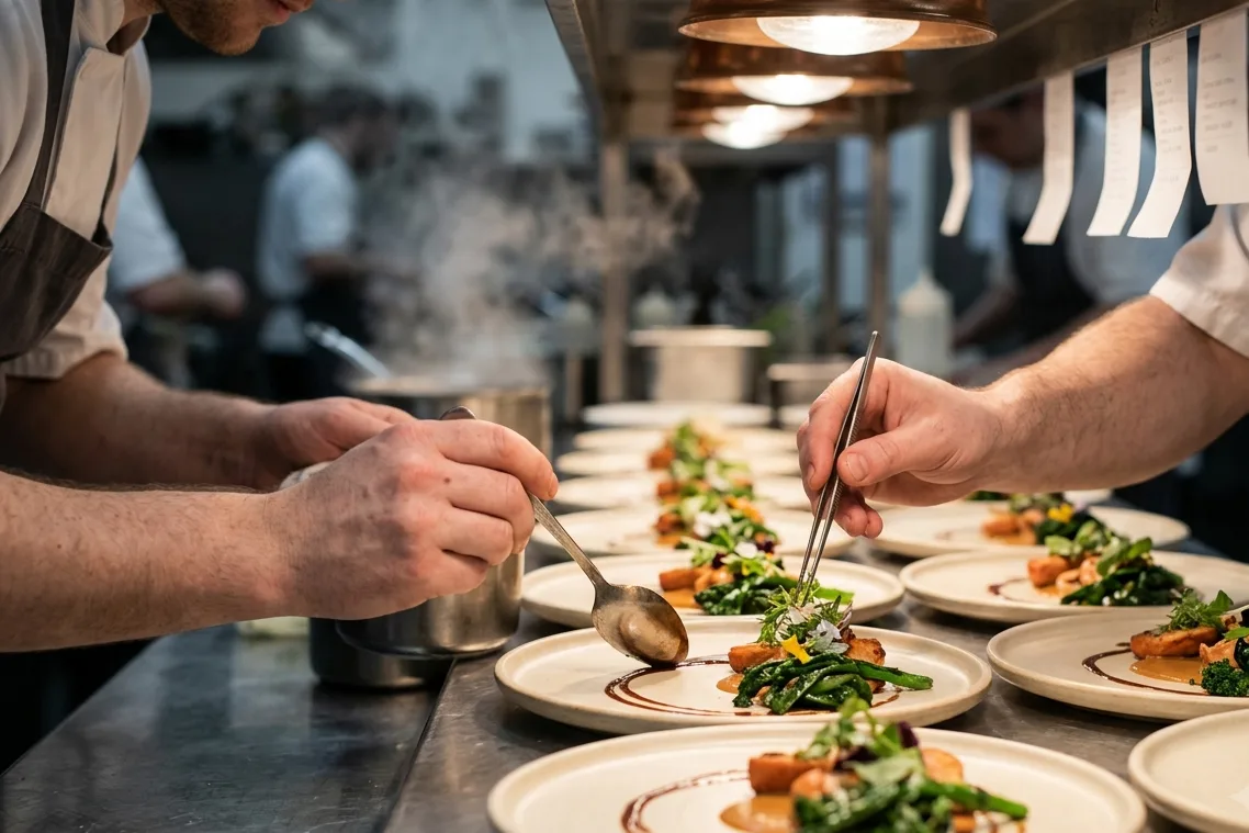 Two chefs plate greens and sauce onto rows of white dishes with tweezers and a spoon on a busy kitchen pass.