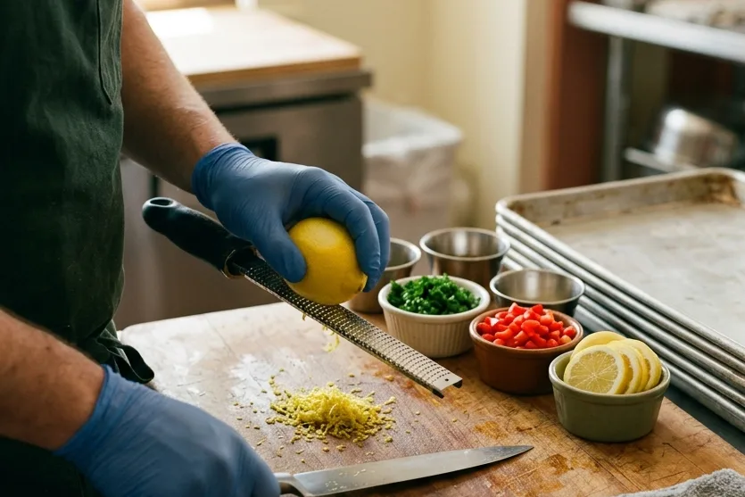 A gloved cook zests a lemon over a wood board with ramekins of chopped herbs and peppers beside stacked sheet pans.