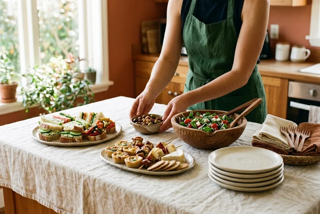 A compact drop-off spread on a cream-linen island with platters of finger food, a garden salad in a wooden bowl, and stacked plates as an aproned caterer sets the last dish.