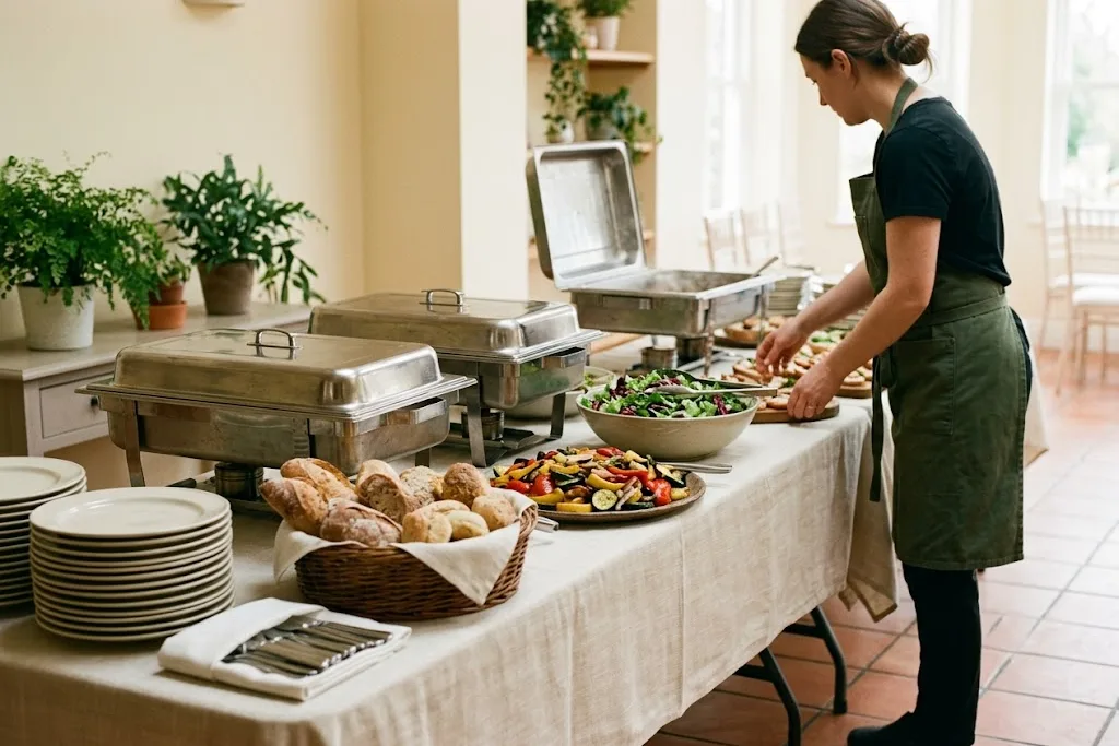 A mid-sized buffet coming together on a linen-draped table, chafing dishes and platters of roasted vegetables and salads arranged as an aproned caterer sets a tray.