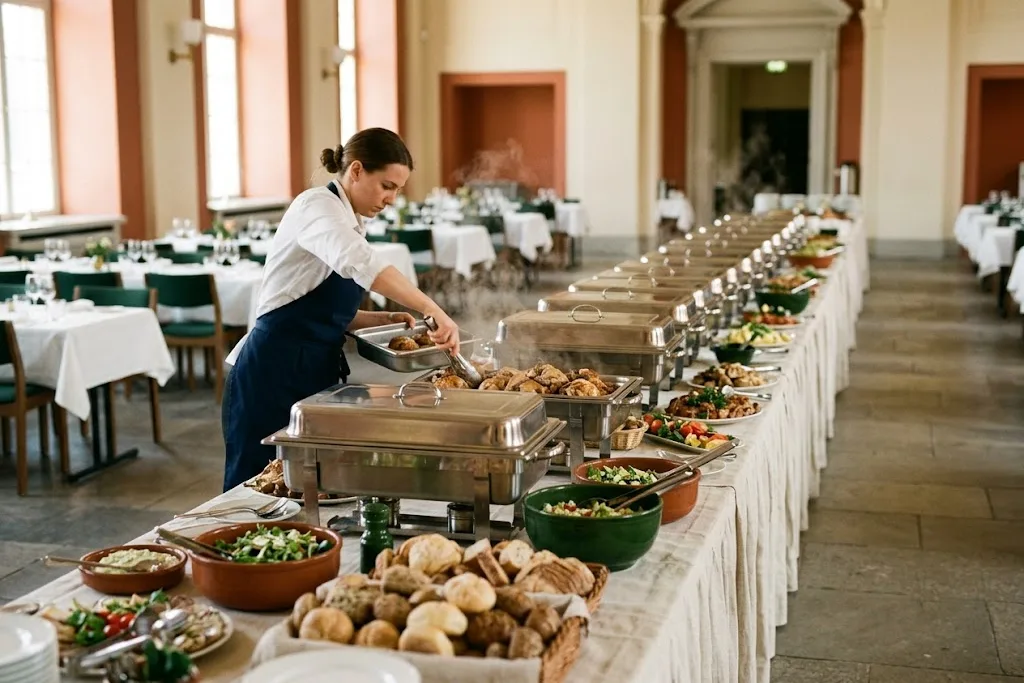 A long staffed buffet line before doors open, a row of chafing dishes and platters receding down a linen-draped table with empty guest tables soft beyond.