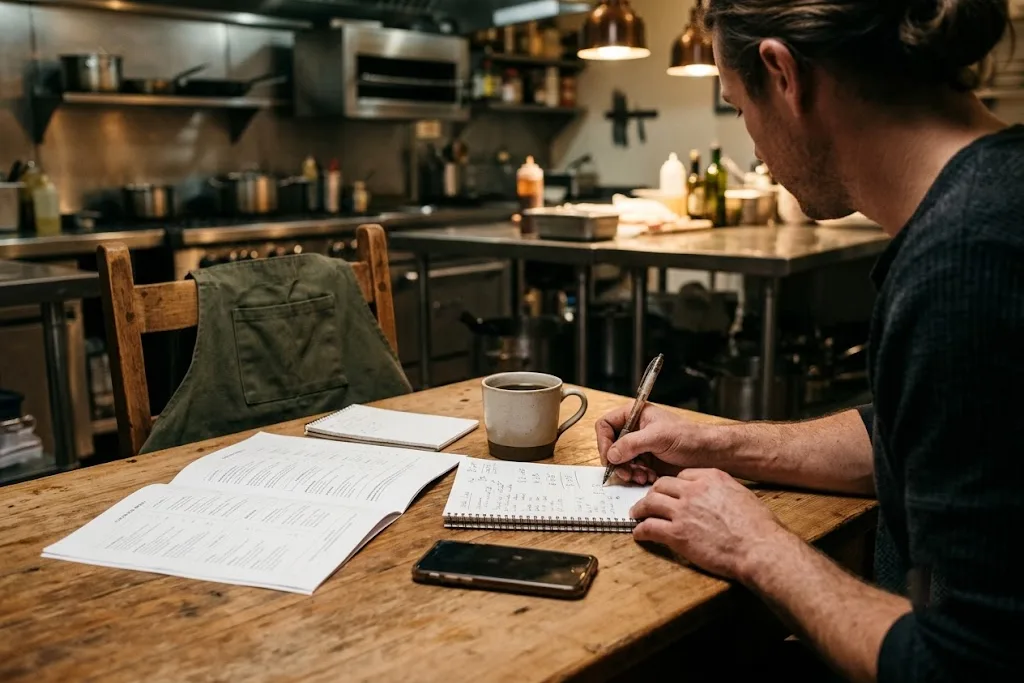 A caterer’s kitchen table in the evening after service, a printed menu and a notepad and pen beside a mug of coffee in warm low light.