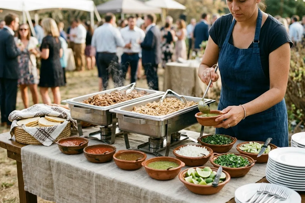 A build-your-own taco station on a linen-draped table with warm tortillas in a cloth-lined basket, inserts of braised meats, and small bowls of salsa, onion and lime.