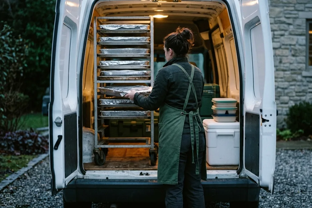 A worker in an apron slides a sheet-pan rack into the back of a white van at dusk on a gravel drive.