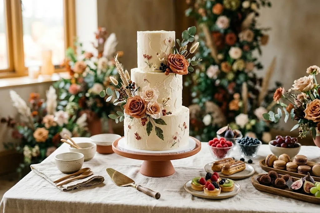A finished multi-tier celebration cake on a cream-linen dessert table beside a spread of mini pastries and fresh fruit, floral accents soft behind.
