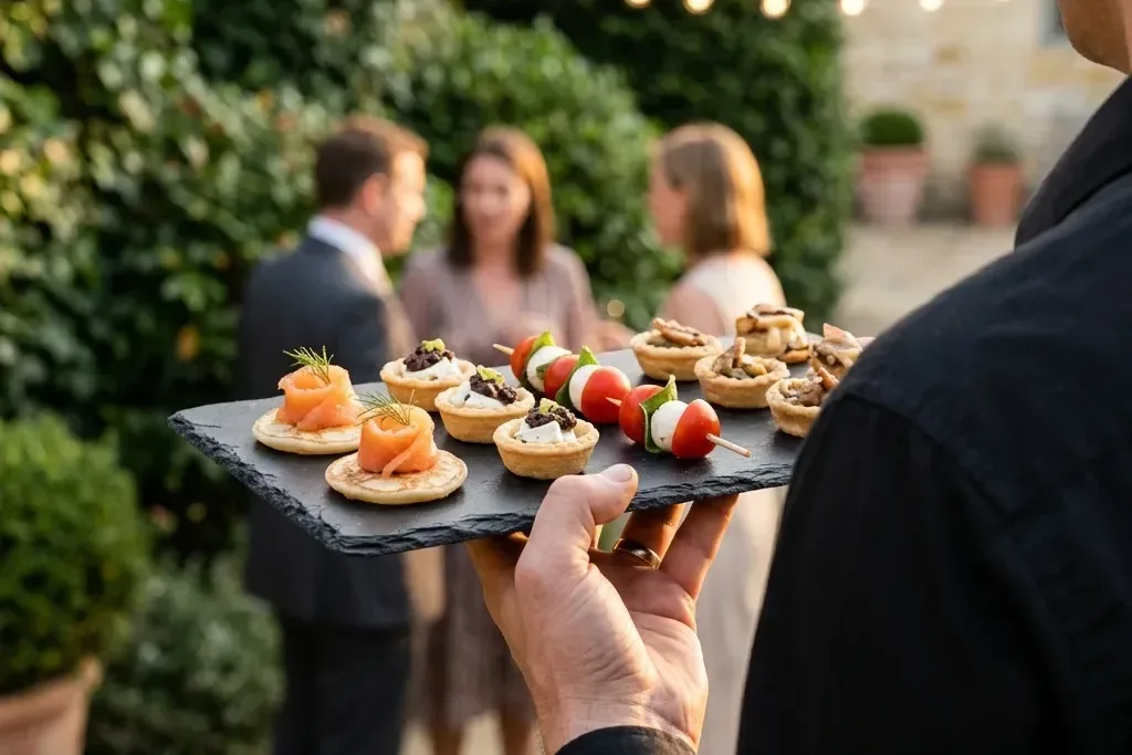 A server presents a slate tray of canapés — smoked-salmon blini and caprese skewers — to guests at a string-lit garden reception.