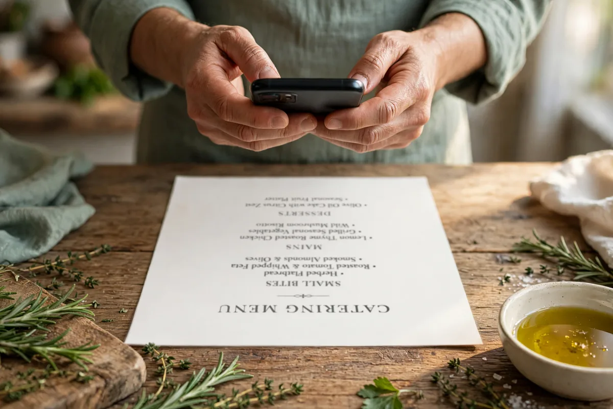 Hands holding a phone above a printed catering menu on a wooden table, taking a photo.