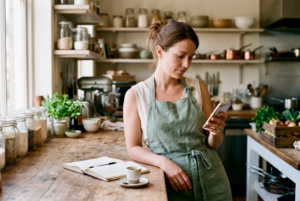 A caterer in a linen apron leaning on her kitchen counter, checking the drafted recipes on her phone.