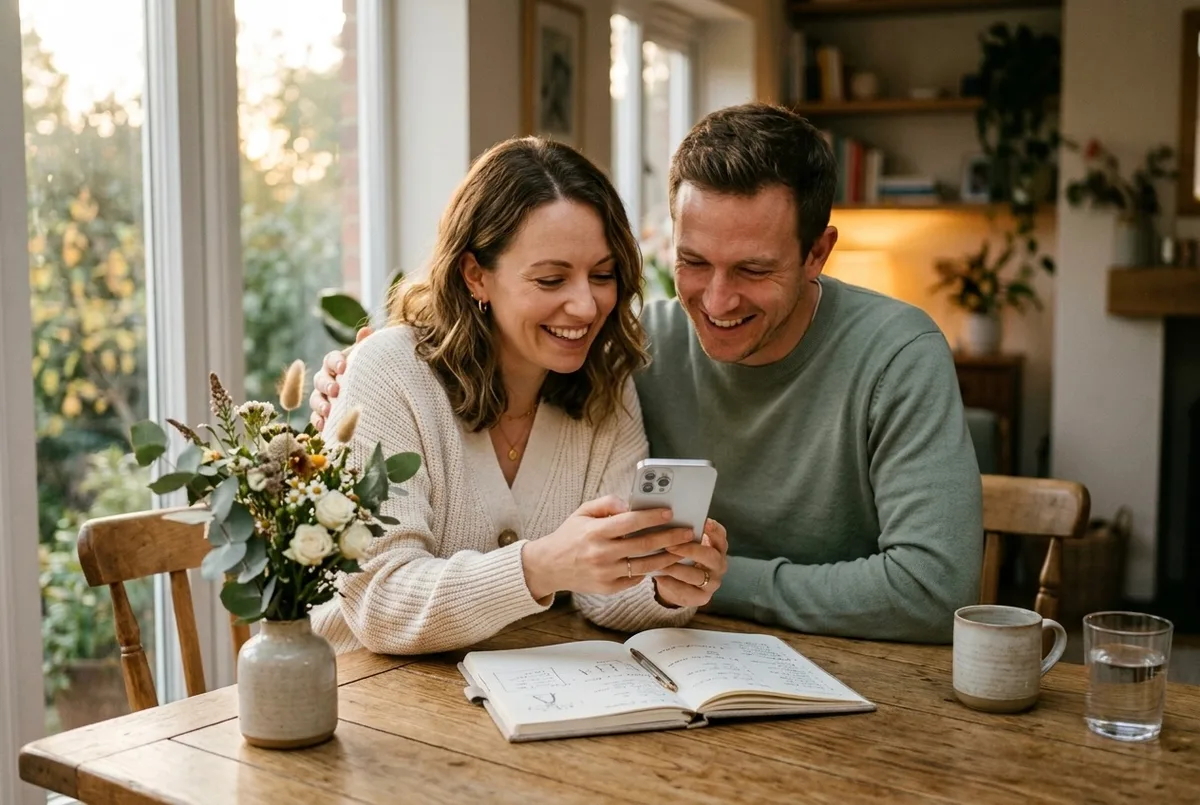 A couple at their dining table, planner open, happily reading the quote together on one phone.
